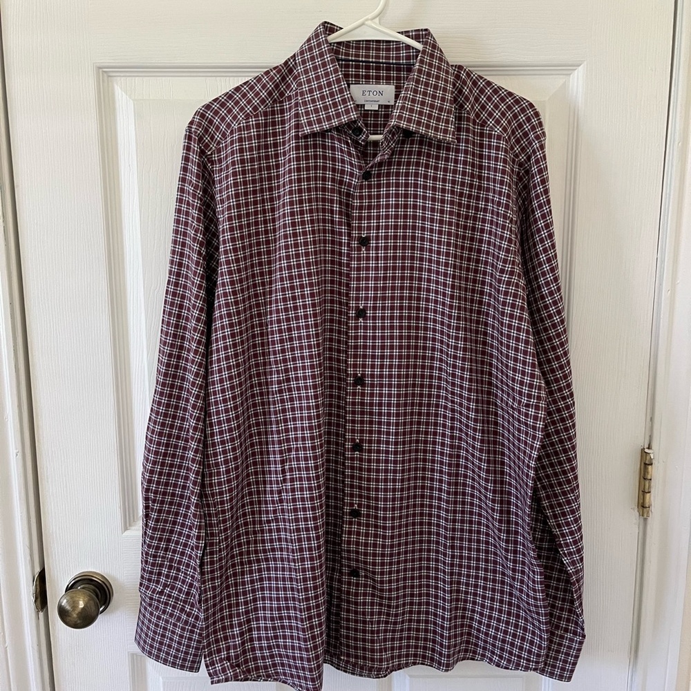 Eton Men's Burgundy and White Plaid Dress Shirt